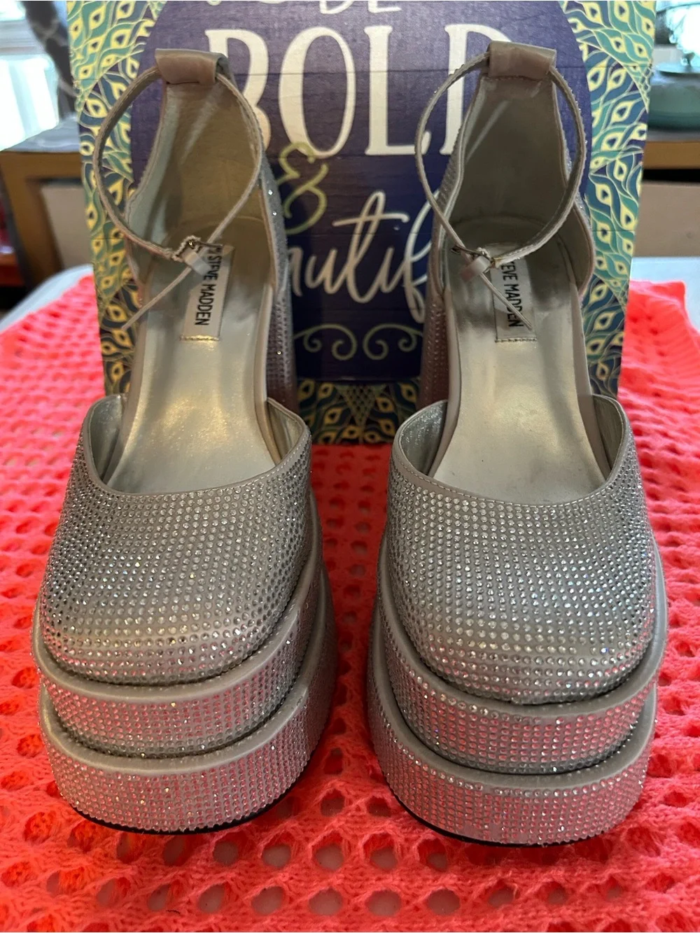 Steve Madden Silver Rhinestone Platform Block Heels with Slingback